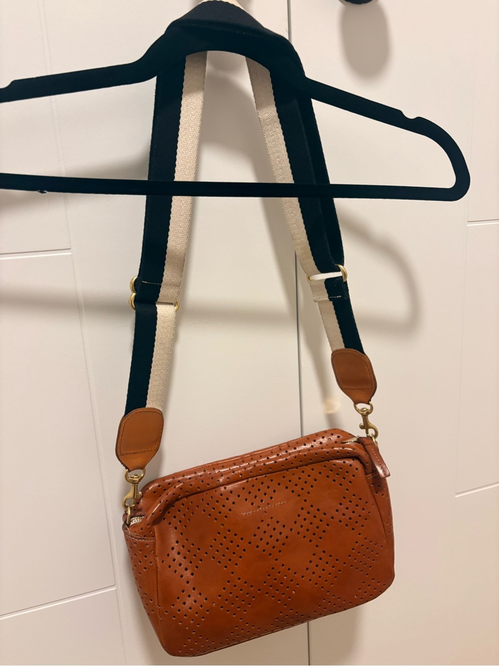 Perforated Cognac Leather Crossbody Bag with Striped Adjustable Strap